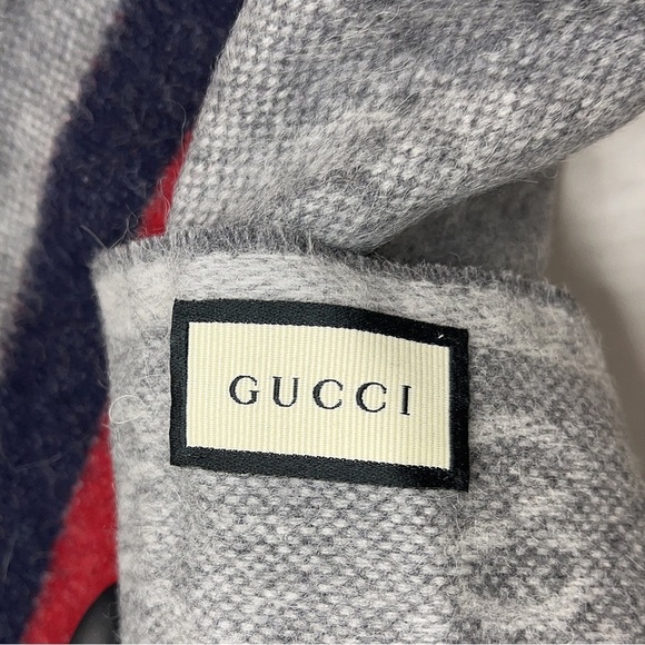 NEW GUCCI ‘New Nikky’ 570603 Web Fringe Wool Alpaca Zinc Blue Gray Unisex Scarf - Picture 4 of 9